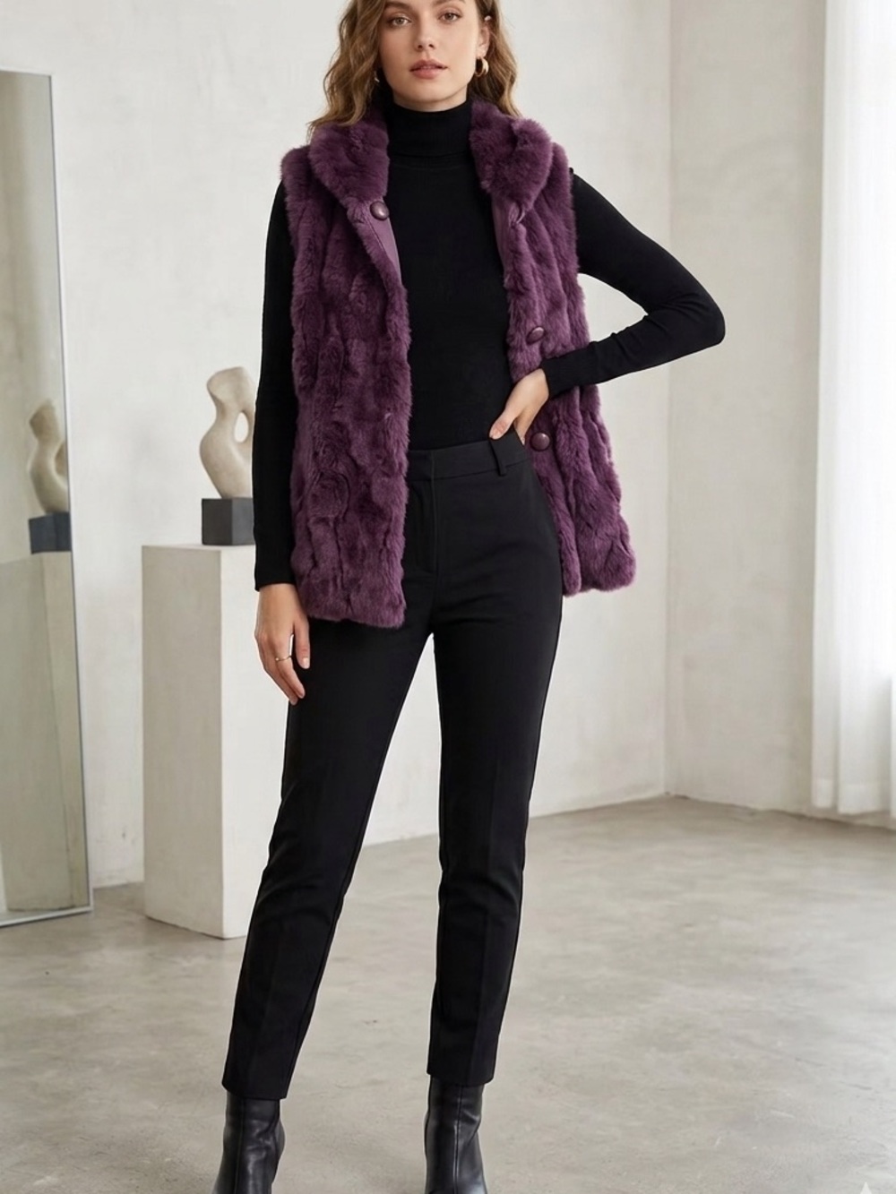 Plush Genuine Rabbit Fur Vest Portrait Collar Plum Purple Magenta